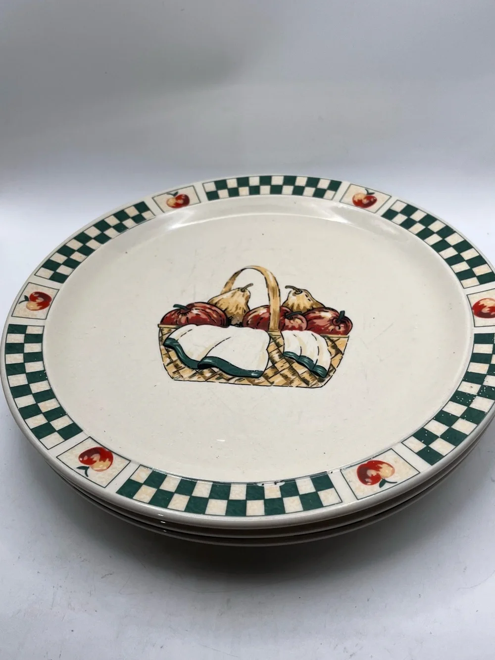 Gibson Cream Dinner Plate with Green Check Rim and Fruit Basket